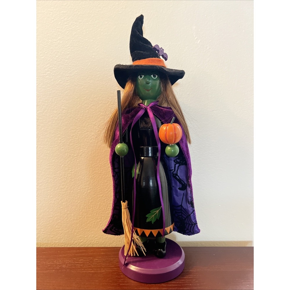 Whimsical Witch Halloween Nutcracker Pumpkin Broom 16" Fall Decor